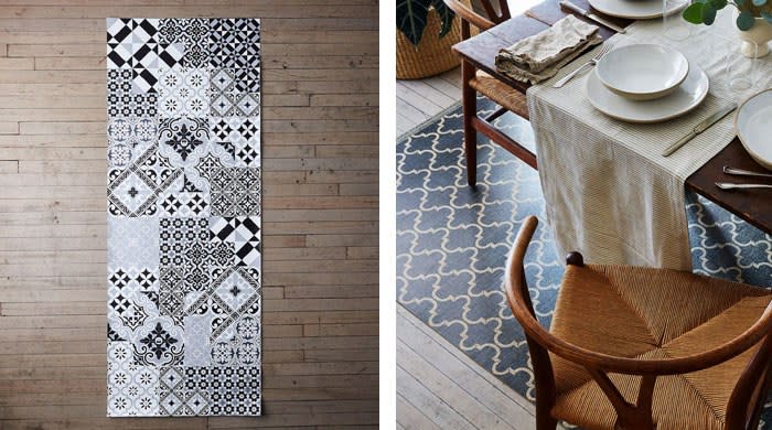 Left: Mediterranean Kitchen Runner in Black & White Eclectic by Kiss That Frog, $180; food52.com. Right: Flat Woven Vinyl Mat in Tan & Brown Scroll Tile by Kiss That Frog, $195; food52.com.