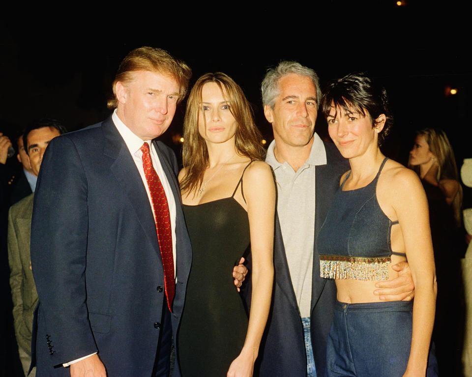 Donald Trump with his girlfriend (and future wife) Melania Knauss, financier (and future convicted sex offender) Jeffrey Epstein, and British socialite Ghislaine Maxwell at the Mar-a-Lago club in Palm Beach, Florida, February 12, 2000. / Credit: Getty Images