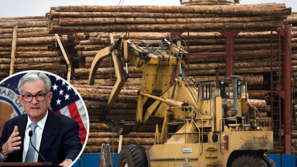 Logging operations in the US as commodity prices fall, with an inset of US Fed chairman Jerome Powell to represent the possibility of a global recession.