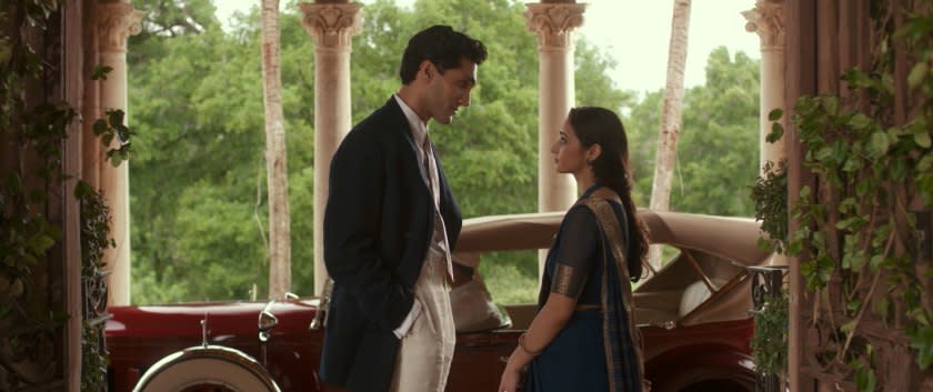 An inconvenient arrangement: In "Draupadi Unleashed," Indira (Salena Qureshi, right) is promised to suave Amar (Dominic Rains). That's not a good thing.