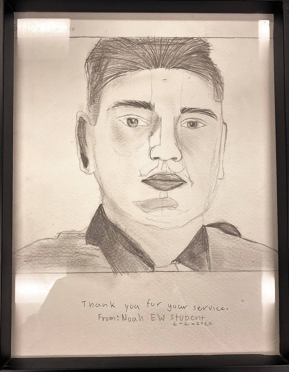 Eric White Elementary fifth grader Noah Rodriguez drew a portrait of fallen Selma Police Officer Gonzalo Carrasco, Jr. so Carrasco’s unborn child will know what a “strong and brave dad he was.” Rodriguez presented other Selma police officers with the drawing at a Tuesday, February, 14, 2023 event to honor Carrasco.