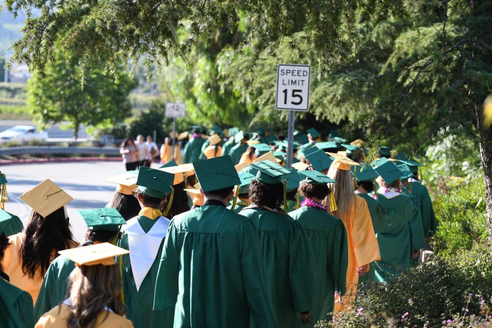 Graduates line up before Moorpark High School's commencement on Thursday, June 13, 2024.