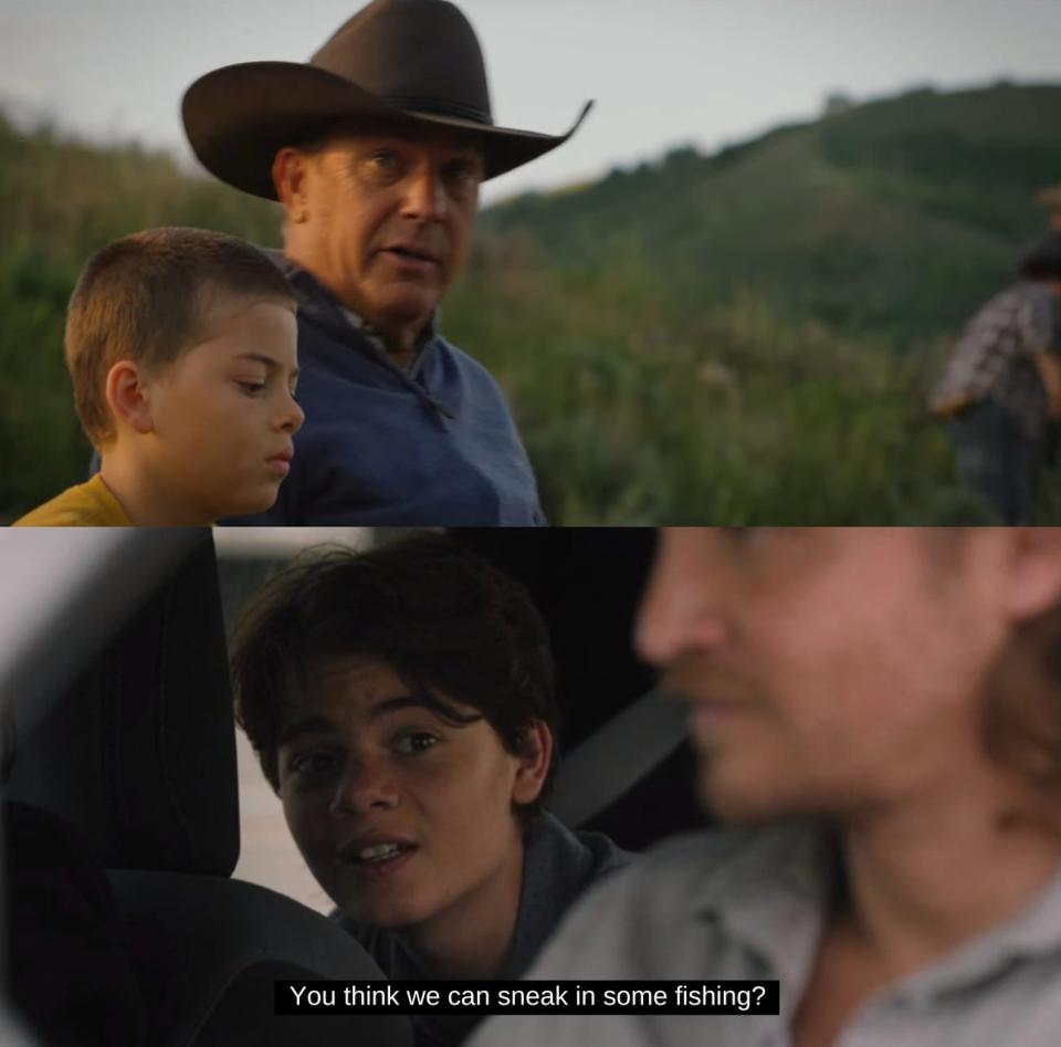 John Dutton (Kevin Costner) and Tate Dutton (Brecken Merrill) in "Yellowstone" season three, episode four (top), and season five, episode five (bottom).