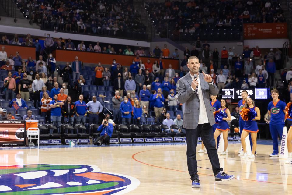 Jan 5, 2022; Gainesville, Florida, USA; Florida Gators football head coach Billy Napier addresses the crowd during halftime between the Florida Gators and the Alabama Crimson Tide at Billy Donovan Court at Exactech Arena. Mandatory Credit: Matt Pendleton-USA TODAY Sports