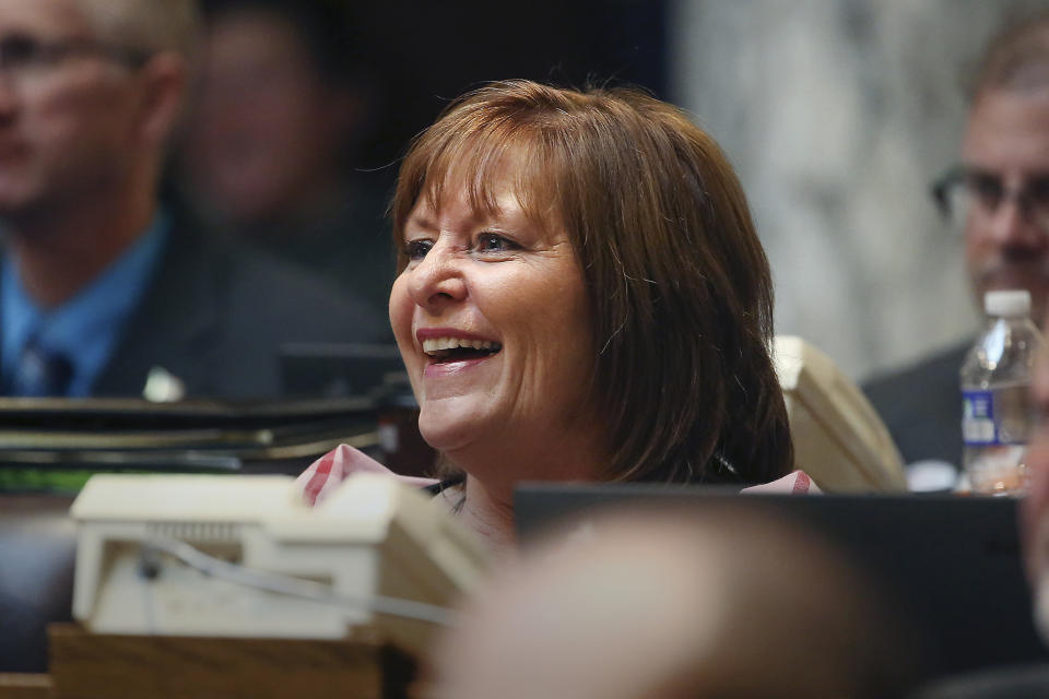 FILE - Wisconsin Rep. Kathleen Bernier, R-Chippewa Falls, listens in the Assembly chambers of the Wisconsin State Capitol in Madison, Wis. on Feb. 16, 2016. (John Hart//Wisconsin State Journal via AP)