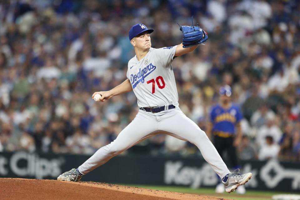 Los Angeles Dodgers starting pitcher Bobby Miller throws against the Seattle Mariners on Sept. 15, 2023, in Seattle.