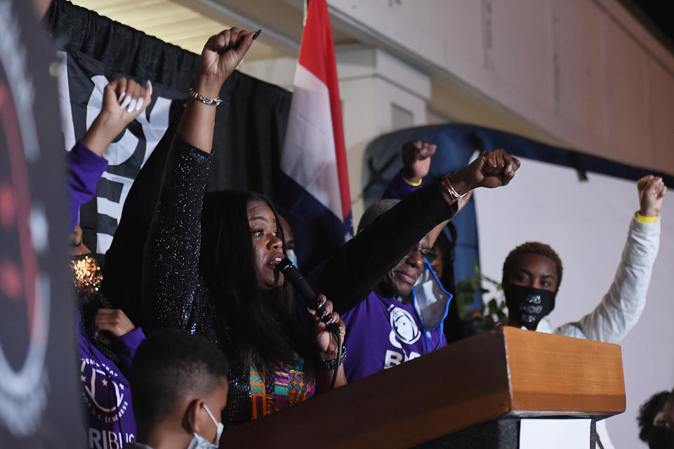 Congresswoman-elect Cori Bush (D-Mo) speaks during her election night watch party event on November 3, 2020. (Photo by Michael B. Thomas/Getty Images)