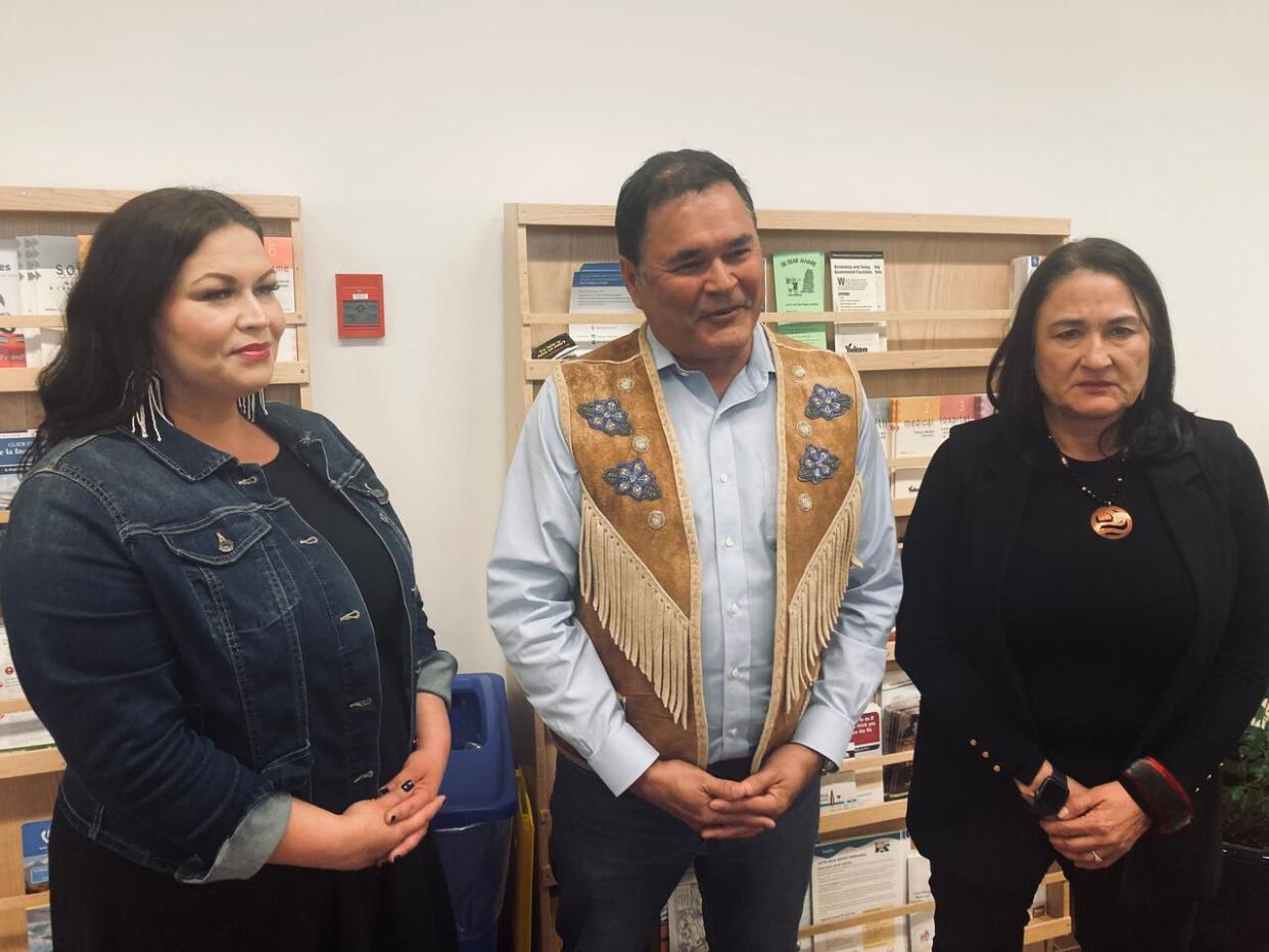 Ta’an Kwäch’än Chief Amanda Leas, left, Stephen Mills, co-chair of the Health Transformation Advisory Committee, centre, and Vuntut Gwitchin Chief Pauline Frost, right, at the Yukon legislature this week. They were there hoping to see the proposed Health Authority Act become law, but a vote never happened. (Meribeth Deen - image credit)