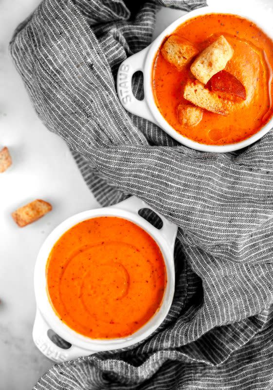 <p>The Sassy Foodie</p><p>A spoonful of Boursin takes traditional tomato soup to a whole new level.</p><p><strong>Get the recipe: <a href="https://thesassyfoodie.com/roasted-red-pepper-bisque/" rel="nofollow noopener" target="_blank" data-ylk="slk:Creamy Boursin Roasted Red Pepper and Tomato Bisque;elm:context_link;itc:0;sec:content-canvas" class="link ">Creamy Boursin Roasted Red Pepper and Tomato Bisque</a></strong></p>