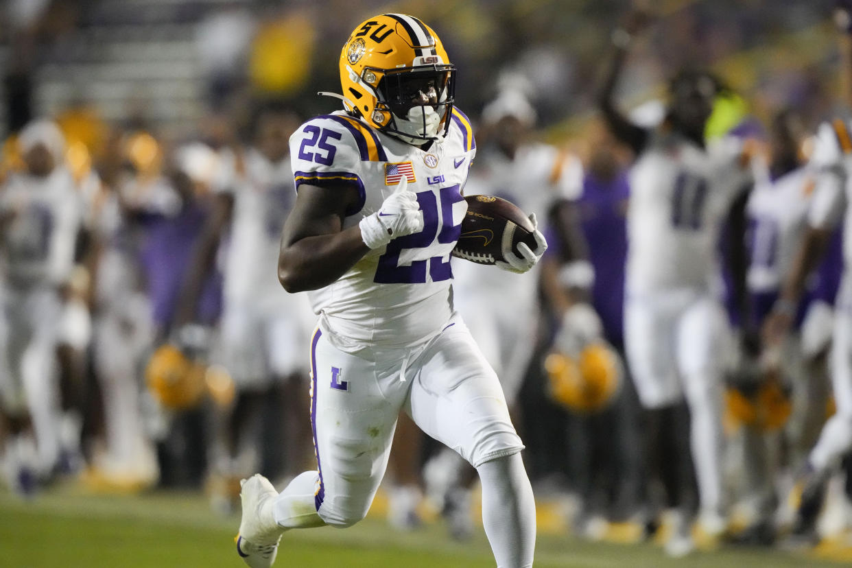 LSU running back Trey Holly will plead not guilty to one felony count of illegal use of a weapon or dangerous instrumentality. (AP Photo/Gerald Herbert)