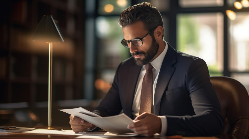 A portrait of a professional insurance broker at their desk, reviewing a policy.