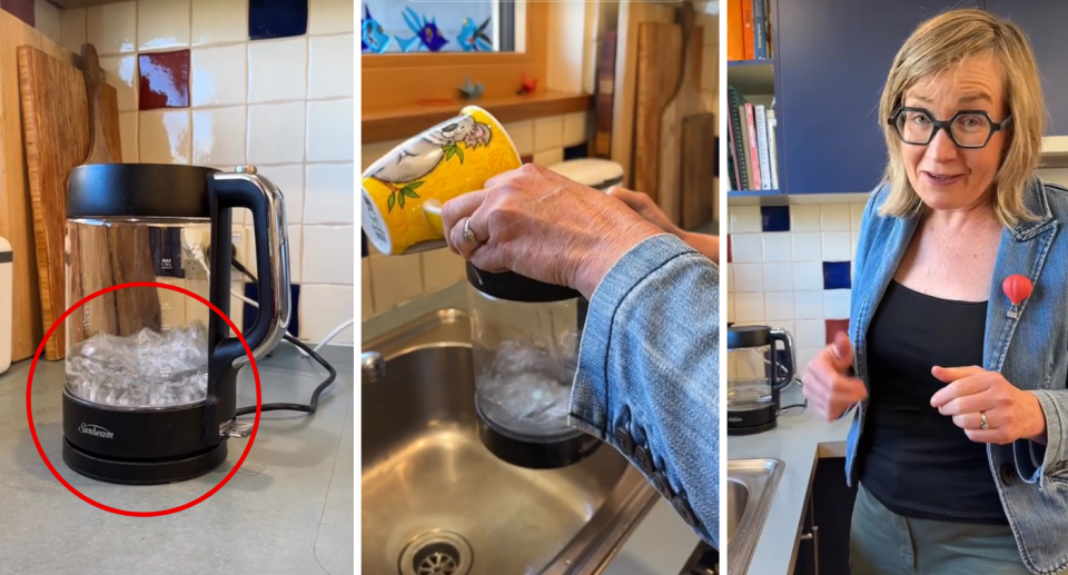 A kettle (left), a cup filling up the cup (middle), and one of the fixitchicks (right).