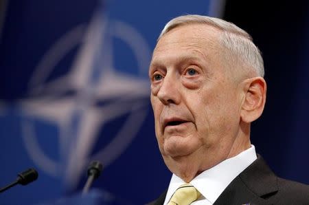 U.S. Defense Secretary Jim Mattis addresses a news conference during a NATO defence ministers meeting at the Alliance headquarters in Brussels, Belgium, February 16, 2017. REUTERS/Francois Lenoir/Files