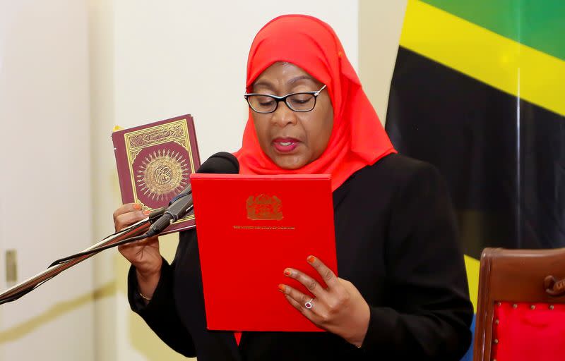 FILE PHOTO: Tanzania's new President Samia Suluhu Hassan takes oath of office following the death of her predecessor John Pombe Magufuli at State House in Dar es Salaam