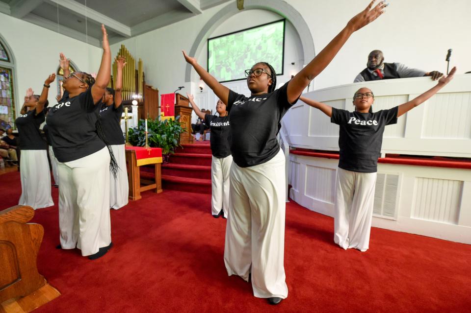 June 9, 2024;  Tuscaloosa, AL, USA;  Liturgical dancers from the Friendship Baptist Church Praise Team perform during the 60th anniversary of the Bloody Tuesday event in Tuscaloosa.