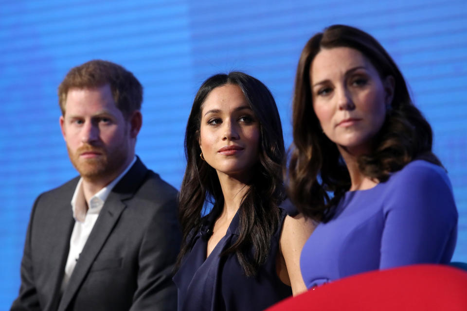 LONDON, ENGLAND - FEBRUARY 28:  (L-R) Prince Harry, Meghan Markle and Catherine, Duchess of Cambridge attend the first annual Royal Foundation Forum held at Aviva on February 28, 2018 in London, England. Under the theme 'Making a Difference Together', the event will showcase the programmes run or initiated by The Royal Foundation.  (Photo by Chris Jackson - WPA Pool/Getty Images)