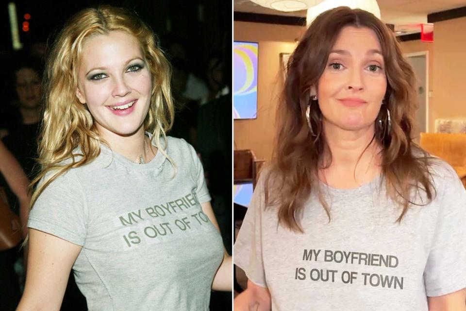 <p>Evan Agostini/Getty; The Drew Barrymore Show/TikTok</p> Drew Barrymore brings back the iconic T-shirt she wore to the "Charlie