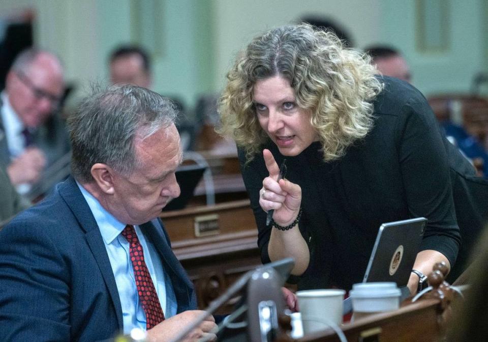 Assemblywoman Pilar Schiavo, D-Chatsworth, talks with colleague Rick Chavez Zbur, D-Los Angeles, in June 2023. Chavez Zbur will chair an Assembly select committee studying retail theft, and Schiavo will be a member.