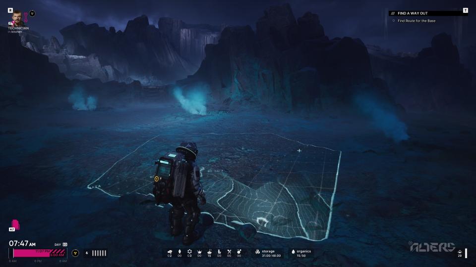 The Alters game screenshot of a character in a spacesuit using a device to reveal a map of the topography below the planet's surface