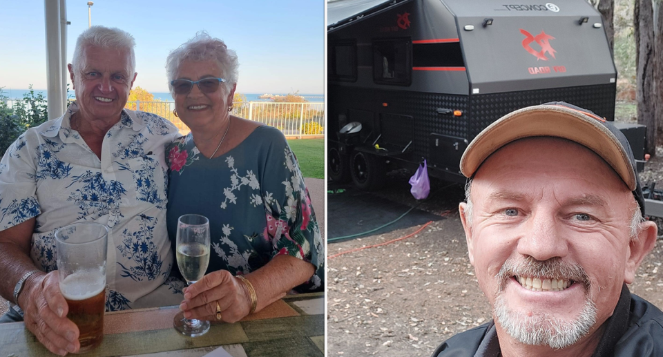 Kev and Dorothy enjoying a drink. Colin pictured smiling with his caravan.