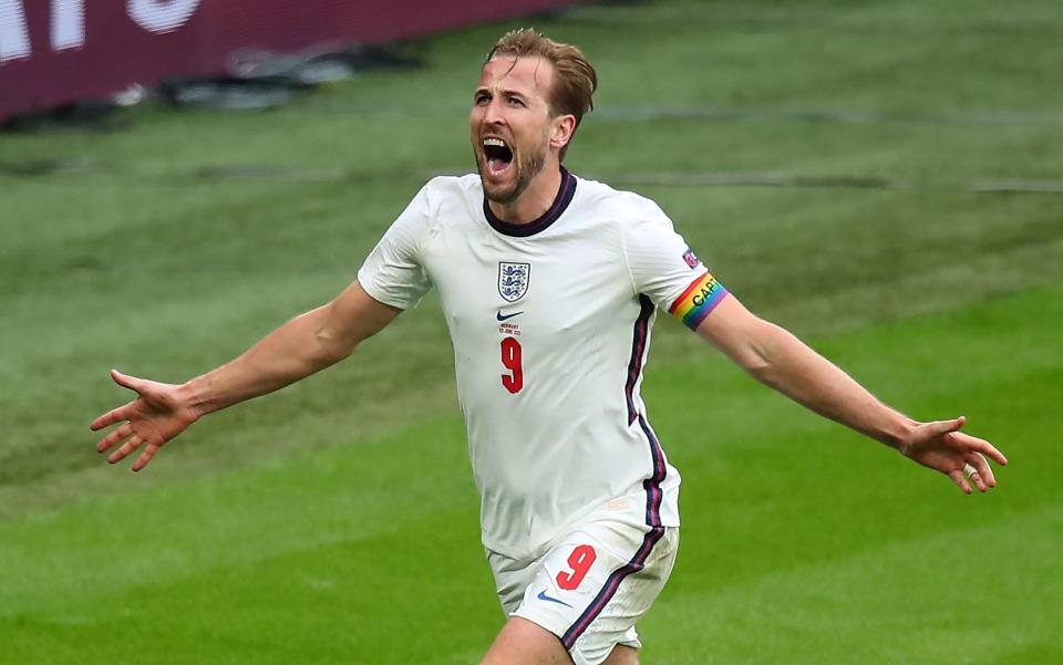 Harry Kane celebrates after scoring England's second goal against Germany - GETTY IMAGES