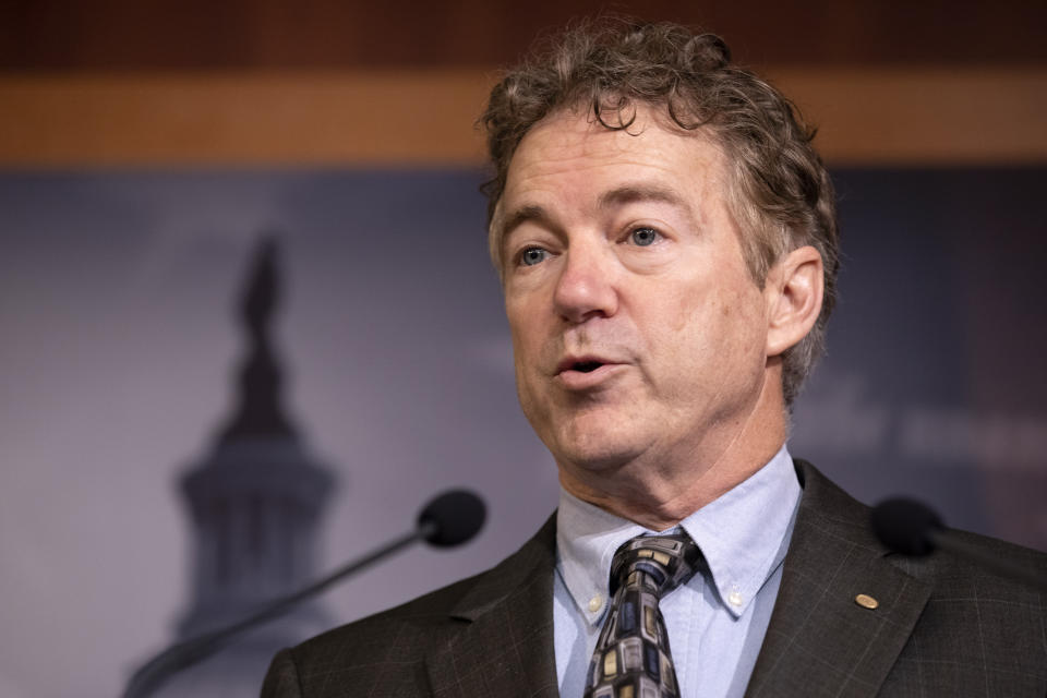 Sen. Rand Paul, R-Ky., speaks during a news conference on Capitol Hill in Washington, Thursday, Jan. 30, 2020, during the impeachment trial of President Donald Trump on charges of abuse of power and obstruction of Congress. (AP Photo/ Jacquelyn Martin)