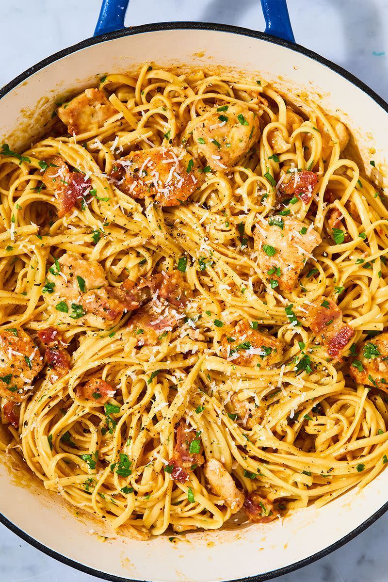 <p>When you're looking for something comforting and carb-y, nothing fits the bill like a good carbonara. This version adds a bit of protein by way of sautéed chicken breasts, making it the perfect quick and easy weeknight dinner. No fettuccine on hand? Spaghetti, linguine, or capellini would all be great instead. Happy slurping! </p><p>Get the <a href="https://www.delish.com/uk/cooking/recipes/a28909109/chicken-carbonara-pasta-recipe/" rel="nofollow noopener" target="_blank" data-ylk="slk:Chicken Carbonara;elm:context_link;itc:0;sec:content-canvas" class="link ">Chicken Carbonara</a> recipe.</p>