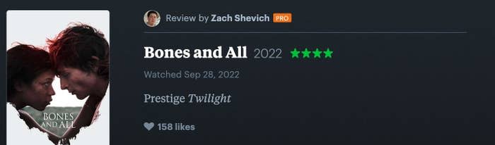 4 star Letterboxd review for "Bones And All"