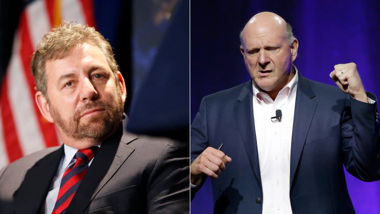 New York Knicks owner James Dolan (left) has a rooting interest in keeping L.A. Clippers owner Steve Ballmer (right) out of Inglewood. (AP)