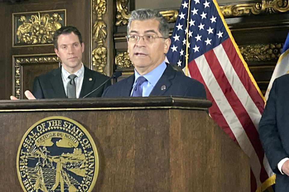 U.S. Health and Human Services Secretary Xavier Becerra speaks at a news conference at the State Capitol in St. Paul, Minn., Thursday, Jan. 19, 2023, part of a Midwest trip to affirm the Biden administration's commitment to abortion rights. (AP Photo/Steve Karnowski)