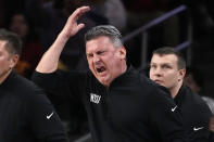 Washington State head coach Kyle Smith yells to his team during the first half of an NCAA college basketball game against Southern California Thursday, Feb. 2, 2023, in Los Angeles. (AP Photo/Mark J. Terrill)