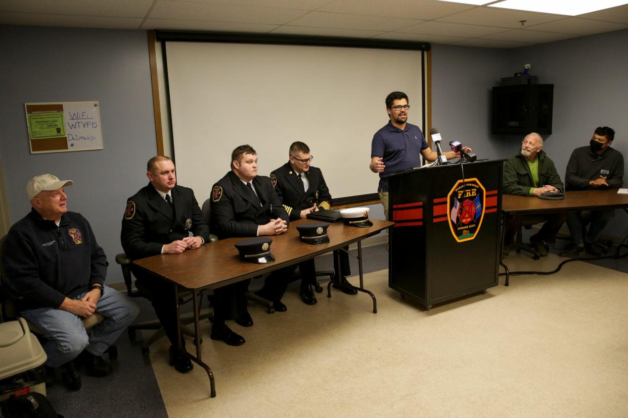 Wabash Township Trustee Angel Valentín speaks during a press conference, Thursday, Jan. 20, 2022 in West Lafayette. Valentín announced Thursday that Wabash Township's paid firefighters Joe Wade, Travis Merkel and Drew Hampton will return to work Monday, along with Fire Chief Ed Ward.