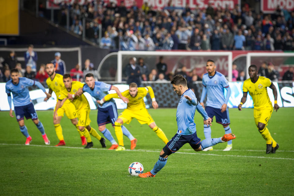 David Villa scored from the spot, but the Columbus Crew advanced to the conference finals on aggregate. (Getty)