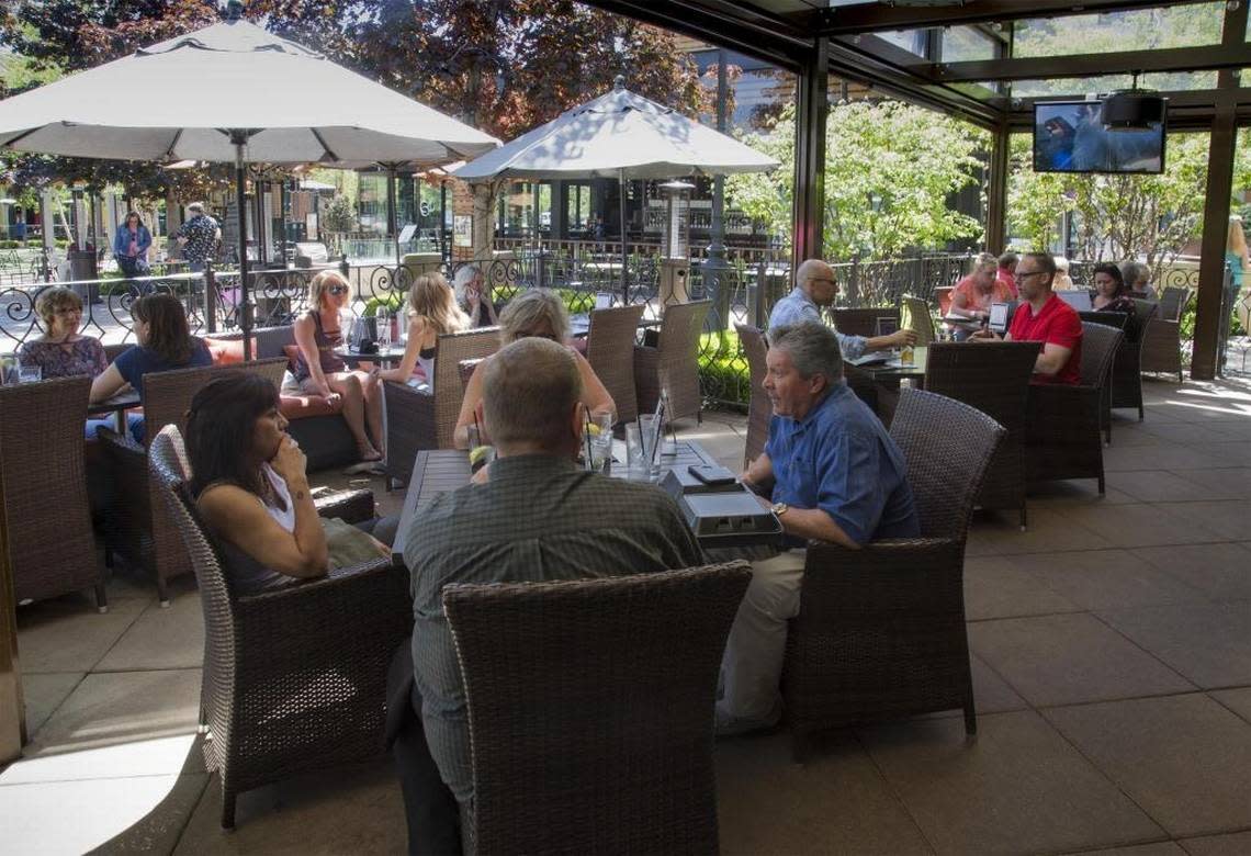 Like most of the patios at The Village at Meridian, Kona Grill’s outdoor dining space is packed when the weather is nice. It offers a view of the dancing fountain and the garden-like square. The designers made creating comfortable outdoor spaces a priority throughout the mall, General Manager Hugh Crawford said.