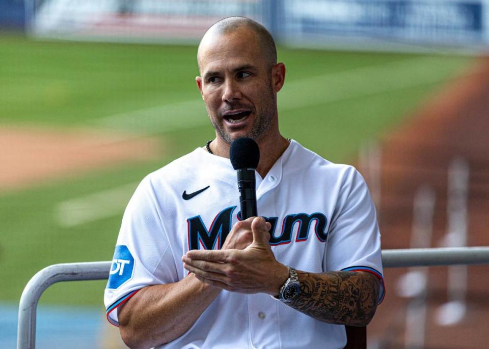 Marlins Manager Skip Schumaker speaks to fans during the Miami Marlins FanFest event at loanDepot park in Miami, Florida on Friday, January 26, 2024.