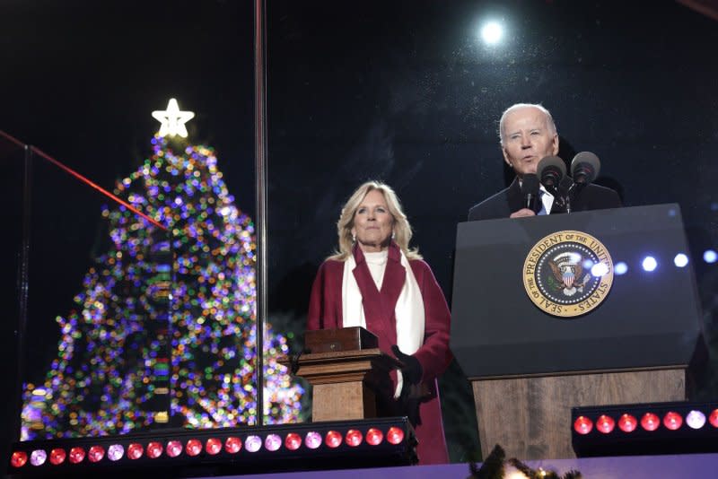 US President Joe Biden and First lady Jill Biden participate in the National Christmas Tree Lighting on the White House Ellipse in Washington, DC on Thursday, November 30, 2023. Photo by Yuri Gripas/UPI