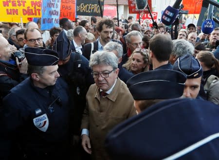 Jean-Luc Melenchon, leader of France Insoumise arrives for his trial at the courthouse in Bobigny