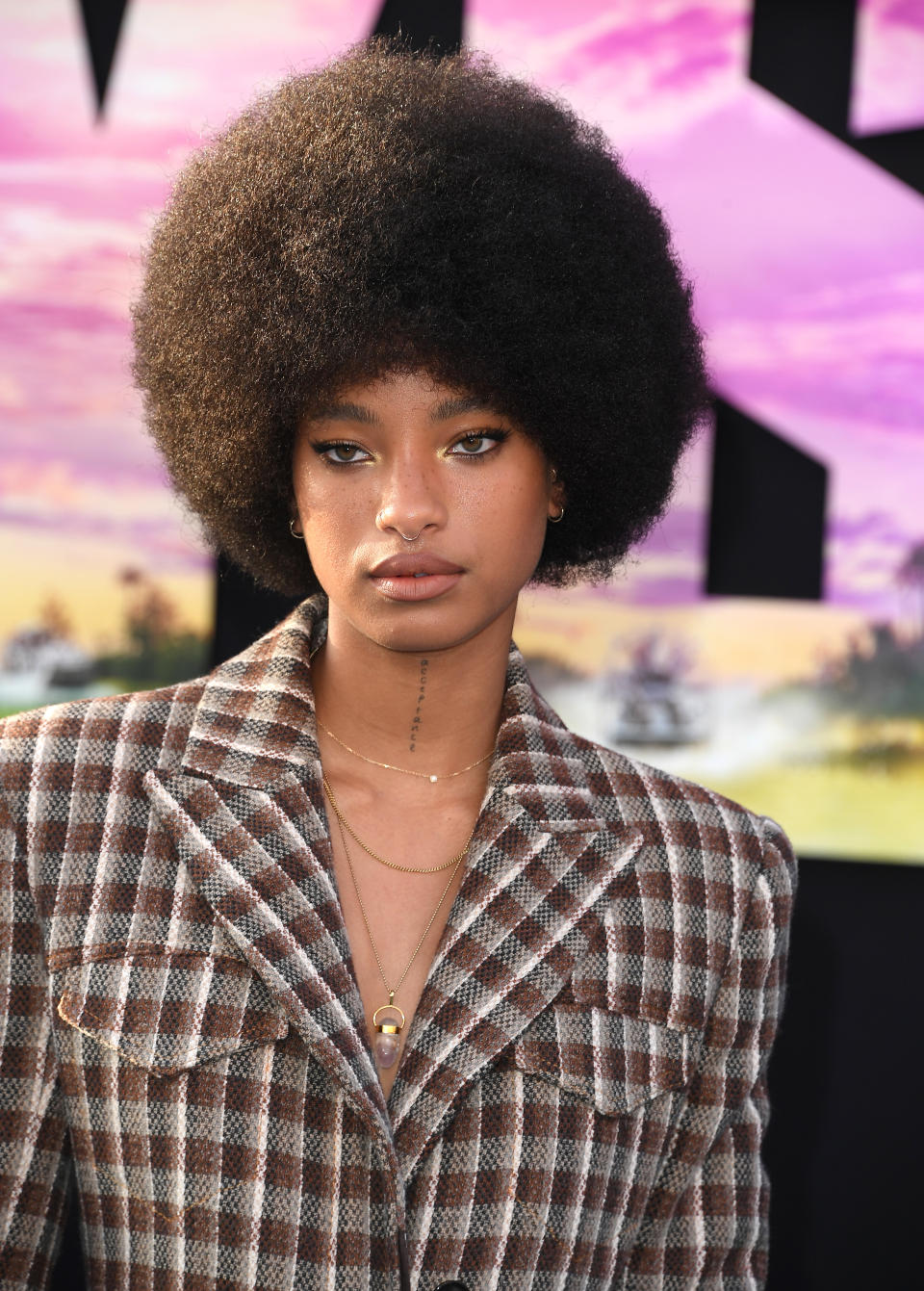 Willow Smith wearing a checked blazer, gold necklace, and afro hairstyle at an event