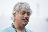 Steven Asmussen, trainer for Preakness entrant Epicenter, the runner up in the Kentucky Derby, talks to the press ahead of the Preakness Stakes Horse Race at Pimlico Race Course, Thursday, May 19, 2022, in Baltimore. (AP Photo/Julio Cortez)