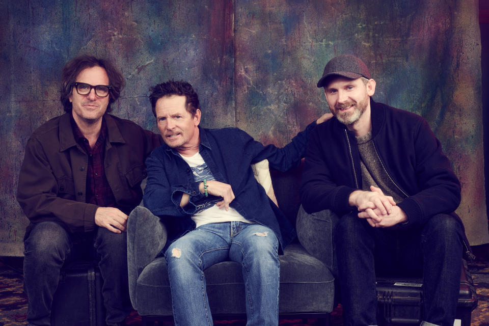 Davis Guggenheim, Michael J. Fox and Michael Harte of ‘Still: A Michael J. Fox Movie’ at the Deadline Studio during the 2023 Sundance Film Festival at the Hotel Park City on January 21, 2023 in Park City, Utah.