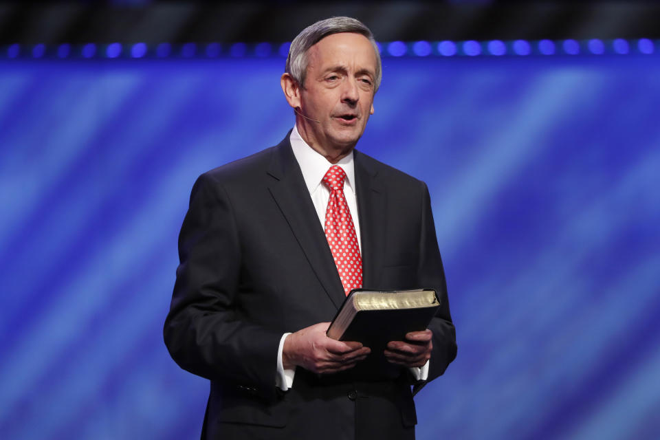 FILE - Senior Pastor Robert Jeffress addresses attendees at First Baptist Church Dallas during a Celebrate Freedom Rally in Dallas on Sunday, June 28, 2020. “When Trump first announced his re-election bid last November I predicted that some evangelicals would ‘kick the tires’ of other candidates but would eventually coalesce around Trump as they did in 2016,” Jeffress said via email in 2023. “However, ‘eventually’ happened even more quickly than even I expected.” (AP Photo/Tony Gutierrez, File)