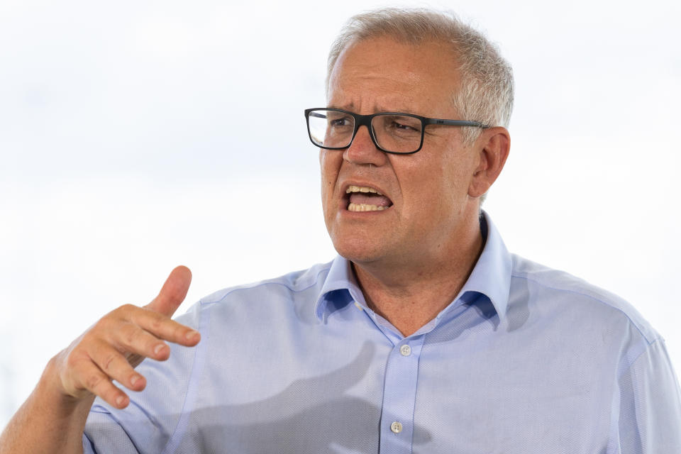 Prime Minister Scott Morrison speaks to the media during a press conference at the Larrakeyah Defence Precinct in Darwin, Friday, February 18, 2022.