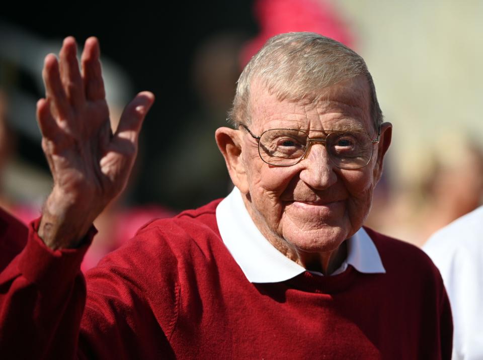 Oct 7, 2023; Raleigh, North Carolina, USA; Former North Carolina State Wolfpack head coach Lou Holtz is honored along with his 1973 football team during the first half at Carter-Finley Stadium. Mandatory Credit: Rob Kinnan-USA TODAY Sports