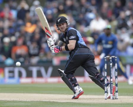 New Zealand captain Brendon McCullum plays to leg gully during the Cricket World Cup match against Sri Lanka in Christchurch, February 14, 2015. REUTERS/Anthony Phelps