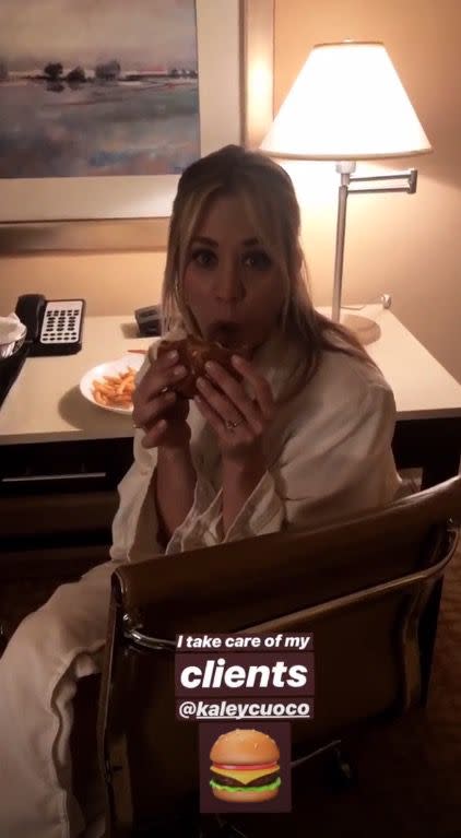 <p>Kaley couldn't resist a burger and fries after the show. We salute you.</p>
