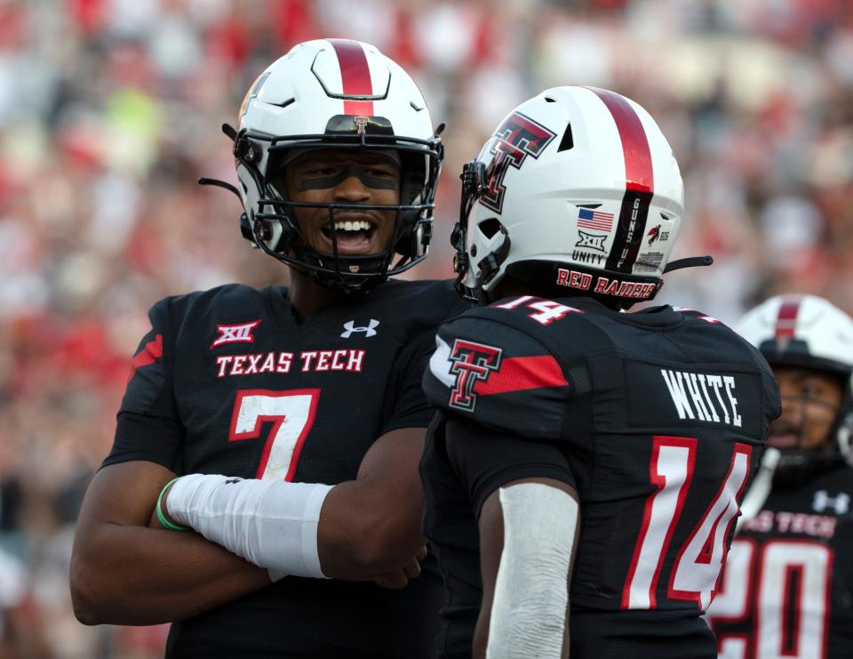 Texas Tech's quarterback Donovan Smith (7) celebrates his game winning touchdown against Houston, Saturday, Sept. 10, 2022, at Jones AT&T Stadium. Texas Tech won, 33-30 in double overtime.