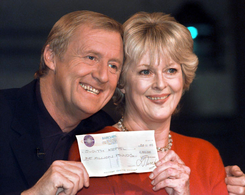 Who Wants to Be A Millionaire winner Judith Keppel (right) receiving a cheque from Chris Tarrant at a photo call at Elstree studios in London.  She has become the first contestant to scoop the  1million jackpot on the hit quiz show Who Wants To Be A Millionaire?  *... Viewers have already seen Mrs Keppel - who is a relative of Camilla Parker Bowles, the partner of the Prince of Wales - win  16,000. But later, a show insider confirmed, the garden designer, who used up her Ask The Audience lifeline when she was stumped by the question asking her in which country was Prime Minister Tony Blair born, will go all the way to  1 million.