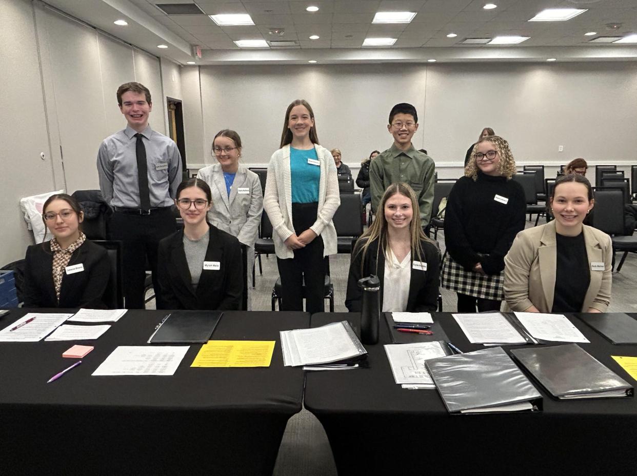 The Perry High School Mock Trial team includes, front row, Catherine Miranda, Mylah Meis, Kaylee Wuebker, Quin Mahler-Moreno. Back row, Seth Borgeson, Sophia McDevitt, Aleah Karolus, Isaiah Christensen, Maddie McDevitt.