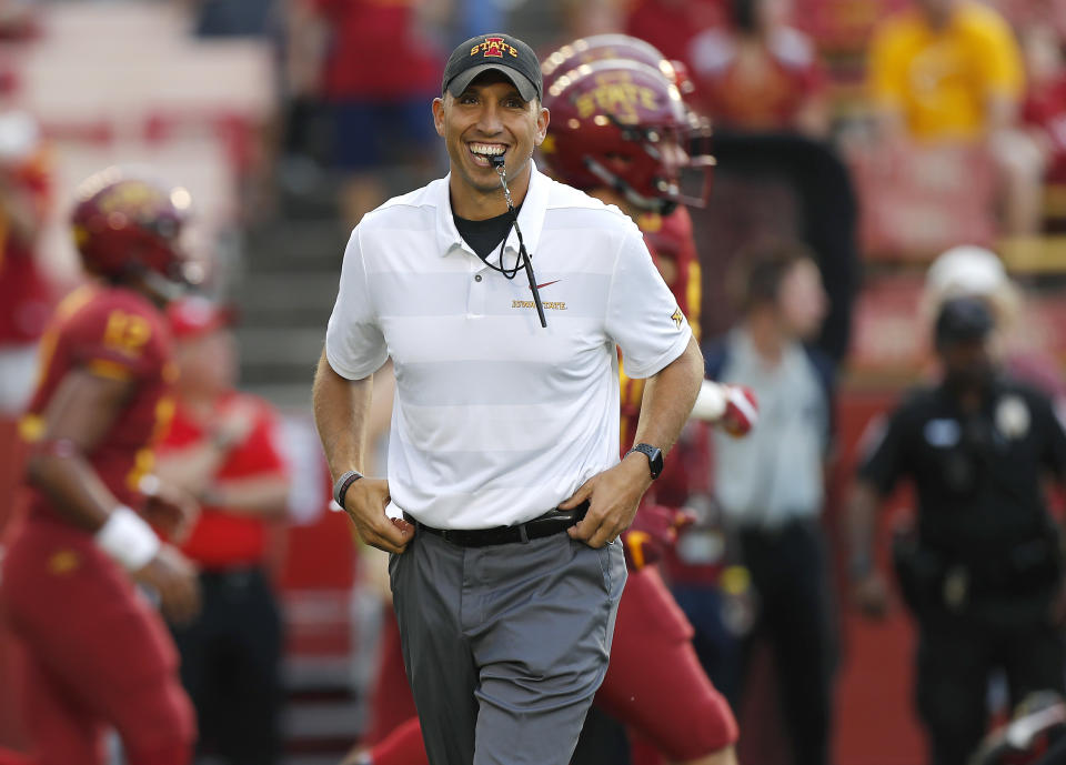 Iowa State head coach Matt Campbell smiles as he runs warm ups before an NCAA college football game against South Dakota State, Saturday, Sept. 1, 2018, in Ames, Iowa. (AP Photo/Matthew Putney)