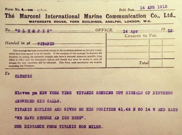 A telegraph message from a ship called Olympic reports that it has received word from the Titanic that it has stuck an iceberg.  The message is one of several similar messages from ships in the vicinity of the Titanic detailing the events leading up to it&#39;s sinking which were on display 13 February at Christie&#39;s East in New York City and will be auctioned as part of a Maritime auction on 17 February. AFP PHOTO Matt CAMPBELL (Photo credit: MATT CAMPBELL/AFP via Getty Images)